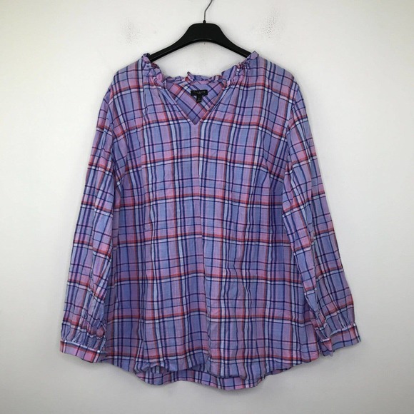 Talbots Women's 2X Shirt Purple Plaid Long Sleeve Ruffle Notch Neck Cotton CV4 - Picture 1 of 5